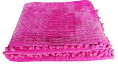 a pink blanket with pom - poms on the top and bottom is folded up