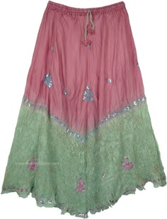 Luxurious silk skirt with a tie-dye effect in the beautiful combination of rose and sea green for a special occasion. The skirt has intricate hand-done sequin work in a flower pattern. The upper part is dyed in pink and is very smooth and sleek. The lower half of the skirt in pastel green color has a traditional bandhani tie-dye in white. You will love to wear this cool skirt at parties and get-together events. The waist has an elastic with adjustable drawstrings and lined on the inside. Length: Pink And Green Fairycore Outfits, Flowy Skirt For Festive Summer Events, Pink Festive Skirt For Spring, Green Festive Summer Skirt, Green Festive Skirt For Summer, Festive Pink Skirt For Spring, Festive Pink Skirt For Spring Season, Festive Green Summer Skirt, Green Sequined Skirt For Summer