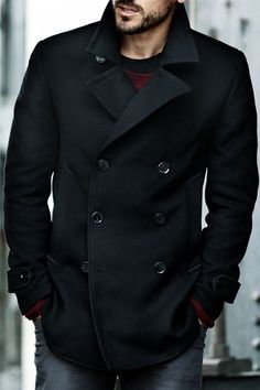 Pea coat. Black Peacoat, Peacoat Men, H&m Men, Mens Fashion Rugged, Winter Vest, Mens Winter Coat, Sharp Dressed Man, Mens Winter Fashion, Well Dressed Men