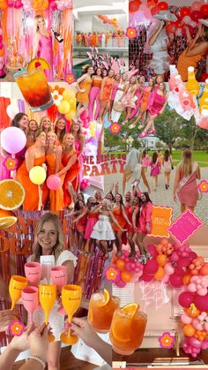 a collage of photos with oranges, pinks, and other things in them