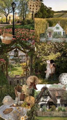 a collage of photos with flowers and houses in the background