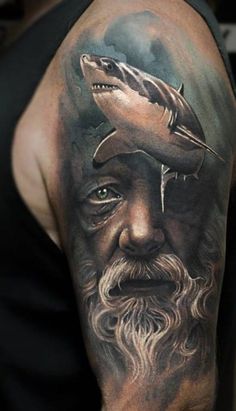 a man with a shark on his head and beard is shown in this tattoo design