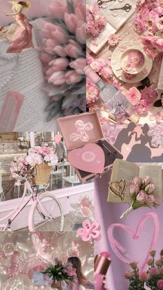 a collage of pink and grey images with flowers, hearts, cards, trinkets