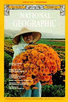 the front cover of national geographic magazine with a woman in a straw hat holding flowers