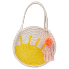 This beautiful woven cotton bag, with a shining sun design, is a great accessory for whenever you want a splash of summery color. Featuring a gorgeous pompom and tassel for extra style. Woven cotton rope. Neon and gold thread tassel with pompom. Product dimensions: 10.5 x 16 x 3 inches Gender: unisex. Age Group: toddler. Cotton Rope Bag, Rope Purse, Fall Handbag Trends, Fall Bags Handbags, Bunny Backpack, Pom Pom Shorts, Neon Bag, Fall Bags, Fall Handbags