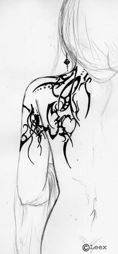 a drawing of a woman's back with tattoos on it