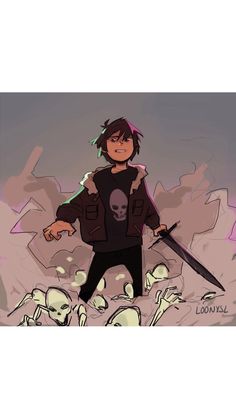 a drawing of a boy with two swords in his hand and skulls on the ground behind him