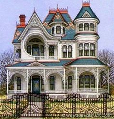 an old victorian style house painted in blue and white