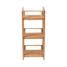 a wooden shelf with three shelves on each side