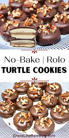 no - bake turtle cookies with chocolate frosting and chopped walnuts