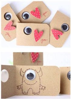 some paper bags with eyes and hearts on them are shown in the shape of an animal