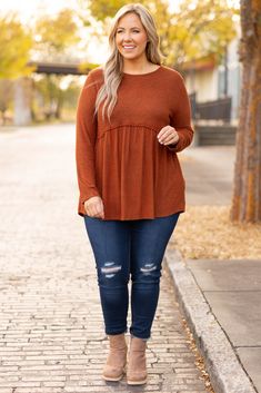 Don't miss your chance to get this top! The dark brick color is perfect to style for any occasion! It's comfortable for all-day wear, is flattering for all body types, and would look great with any pair of jeans! Just add your favorite shoes and accessories for a chic and stylish look! 85% Polyester, 10% Rayon, 5% Spandex Style Your Clothes, I Miss You Too, Miss You Too, Stylish Outfits For Women Over 50, Plus Size Fall, Off Shoulder Dresses, Diy Recipes, Feel Pretty