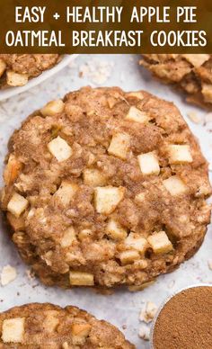 apple pie oatmeal breakfast cookies with cinnamon on top and the words easy healthy apple pie oatmeal breakfast cookies