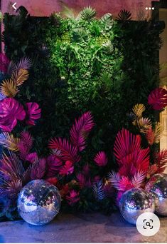 the wall is covered with plants and mirrored balls