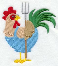 a rooster with a fork in it's beak is standing next to a white towel