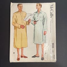 This RARE McCall's 9233 sewing pattern offers a classic men's nightshirt design, perfect for those seeking a unique, timeless project. Sized for medium (38-40), this pattern is a fantastic find for collectors and vintage sewing enthusiasts alike. Though the pattern has been cut, all pieces are complete and in good condition, with original instructions included. Whether you're crafting a vintage-inspired piece or adding to your pattern collection, this is a special opportunity to own a rare, hard Mens Nightshirts, 1970s Men, Pattern Collection, Couture Vintage, Mens Vintage, Night Shirt, Vintage Sewing Patterns, Classic Man, Fashion History