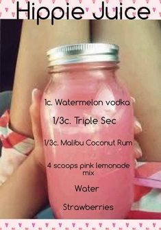 a pink drink in a jar with the words hippie juice on it and an image of a woman's legs