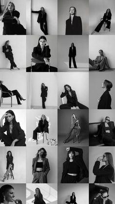 black and white photos of women in business attire sitting on chairs, posing for the camera