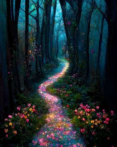 a painting of a path in the woods with flowers on it