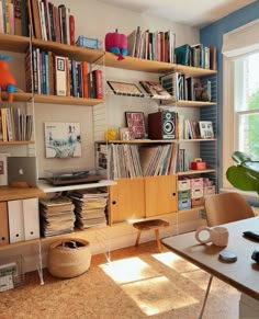 a living room filled with furniture and bookshelves covered in lots of different types of books