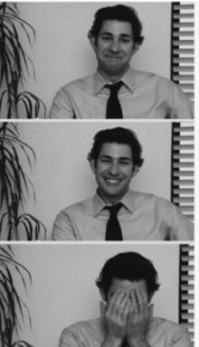 four different pictures of a man smiling and covering his face with his hands while sitting in front of a potted plant