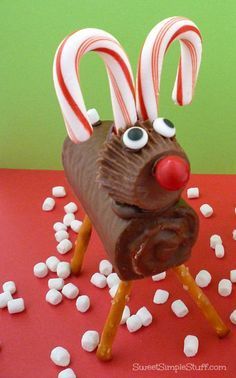 a chocolate reindeer made with candy canes and marshmallows on a red surface