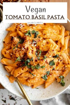 vegan tomato basil pasta in a white bowl