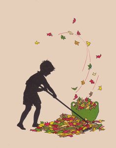 the silhouette of a person pushing a wheelbarrow full of leaves with butterflies coming out of it