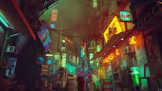 a man standing in the middle of an alley way with neon signs all around him