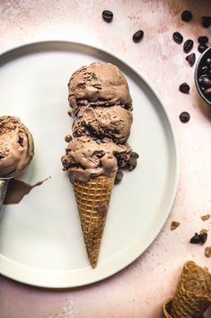 two scoops of chocolate ice cream on a white plate with coffee beans around it