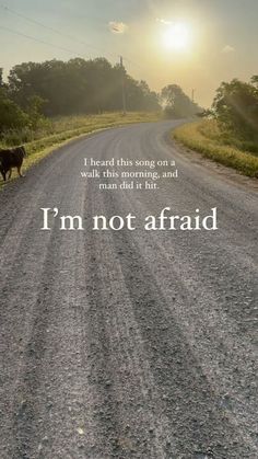 a dog walking down the middle of a dirt road with an inspirational quote above it that says i'm not afraid