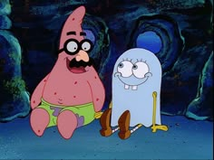 an animated character sitting next to a cartoon character in front of a blue cave with water