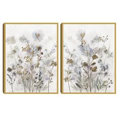 two paintings with flowers on them in gold frames, one is white and the other has blue