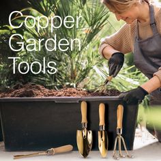 a woman with gardening tools in her hands and the words copper garden tools on it