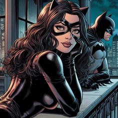 an image of a woman in catwoman costume sitting on a ledge with batman behind her