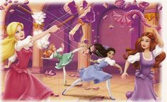 there are many princesses in the room playing with kites and balloons on the string