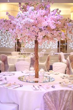 the centerpieces are decorated with pink flowers