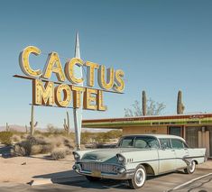 an old car is parked in front of the cactus motel, which has been painted gold