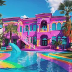 a colorful house with a water slide in the front yard and palm trees around it