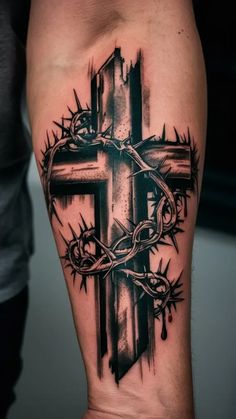 a black and white tattoo with a cross on it