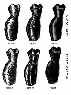 black and white drawing of different types of dresses