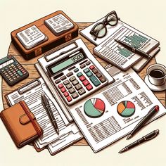 a wooden table topped with papers and calculator next to a cup of coffee