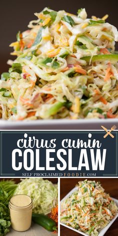 a collage of photos with coleslaw, carrots and celery