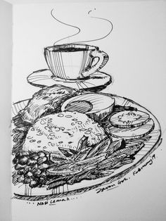 a drawing of some food on a plate with a cup of coffee and saucer