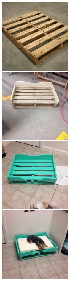 three pictures showing different ways to build a pallet bed with wood slats on top and bottom