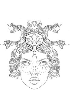 a drawing of a woman's face with snakes on her head and the words, i