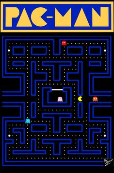 the pac man game is shown in blue and yellow