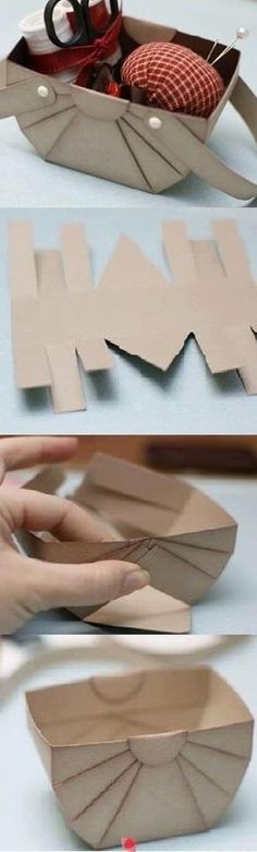 two pictures showing how to make a paper boat with scissors and yarn in the middle