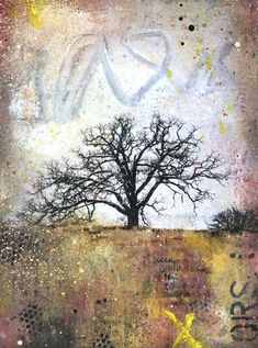 an abstract painting of a tree in the middle of a field with words written on it