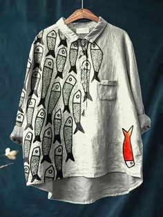 Robe de poisson d'été Summer Suits Men, Ropa Upcycling, Fish Dress, Retro Pants, Fish Pattern, Cotton Linen Pants, Outwear Coat, Retro Tops, Painted Clothes